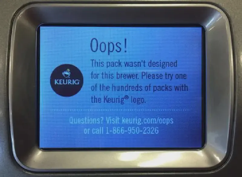 Error message on a Keurig coffee machine when using alternative coffee pods.